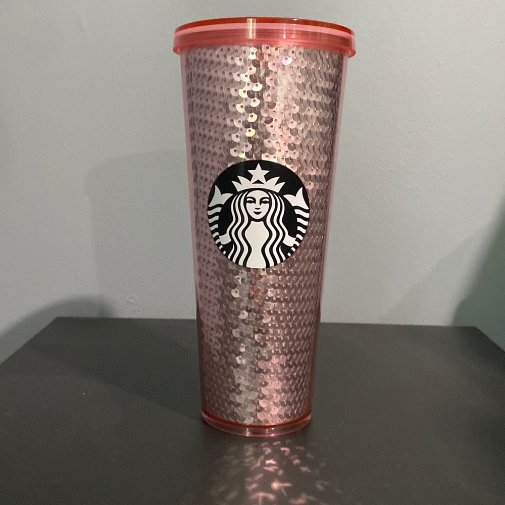 Starbucks Coffee Rose Gold Pink Sequin 24oz Venti Tumbler Cold Cup WITHOUT STRAW